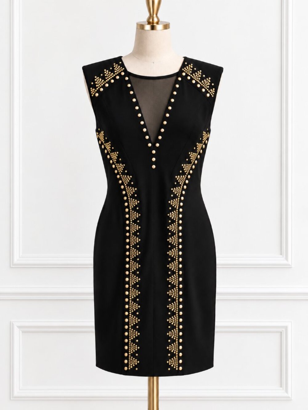 Cache Black with Gold Studs Mesh Dress Size 0 NWT
